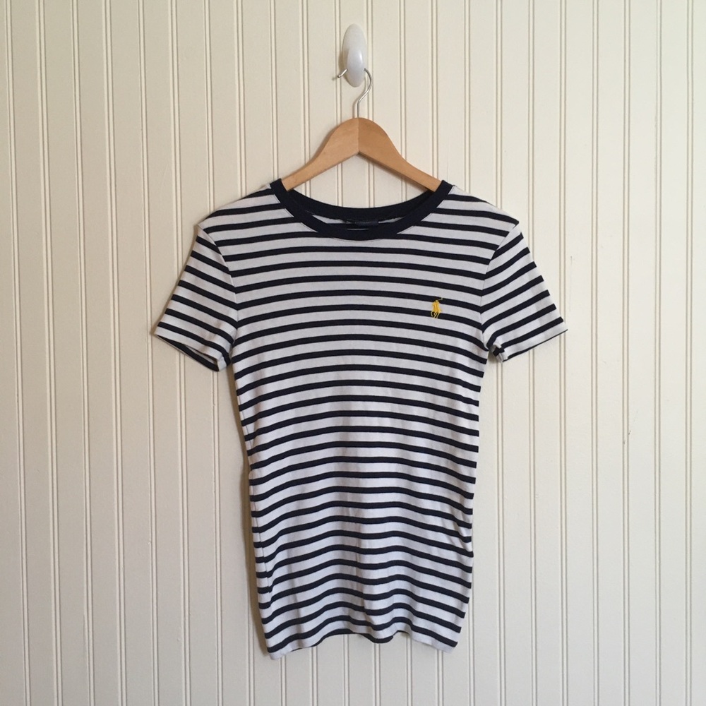 Ralph Lauren Sport navy blue white stripe fitted t-shirt size medium GUC
